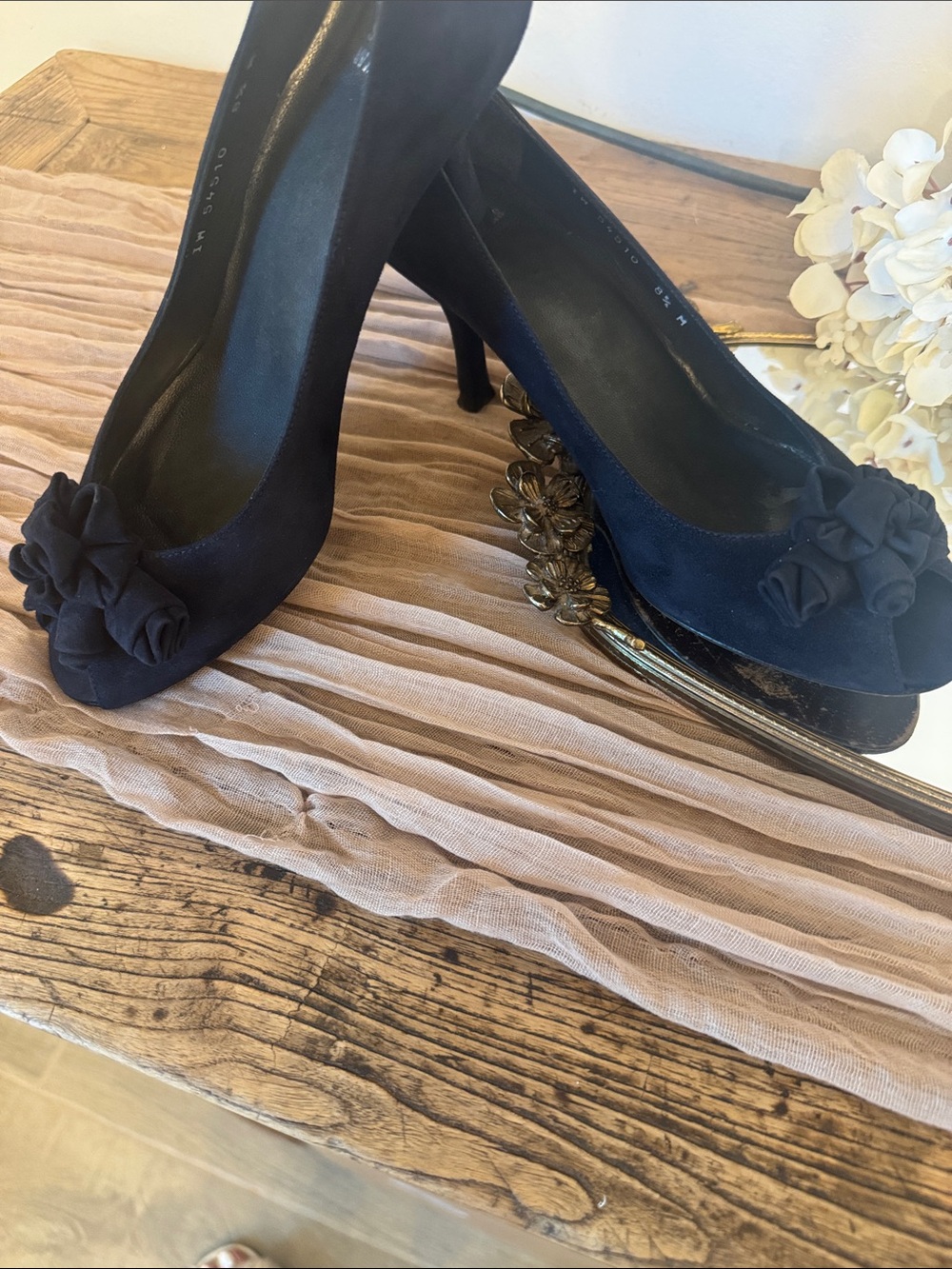 Stuart Weitzman Navy Suede Pumps with Rosette Accent open toe